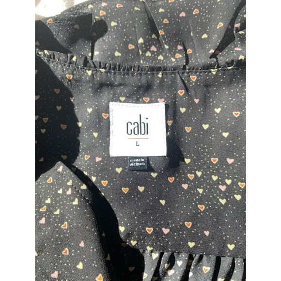 Cabi Large Wrap Top Ruffle Neckline Black/Heart Print Long sleeve Career Church - Picture 7 of 10